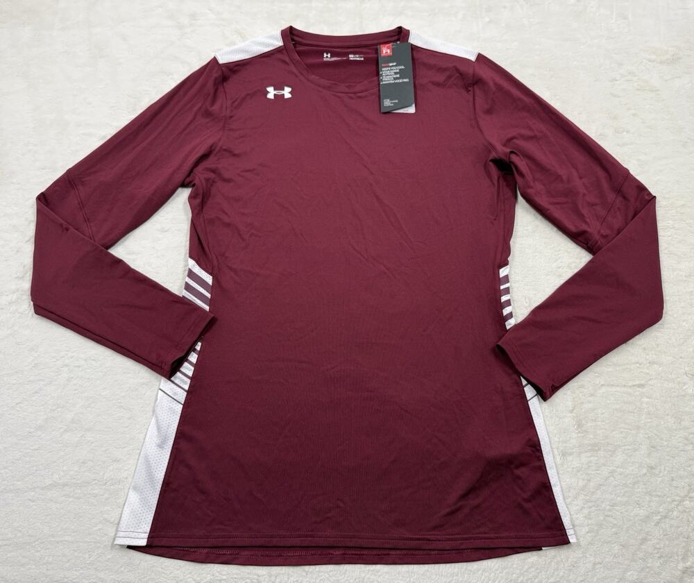 Under Armour Womens Burgundy & White Heat Gear Fitted Long Sleeve Shirt Size Med
